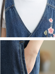 Women's Rose Embroidered Denim Overalls with Loose Wide-Leg Fit