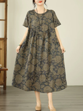 Botanical A-Line Cotton Linen Dress with Pockets, Relaxed Midi Elegance