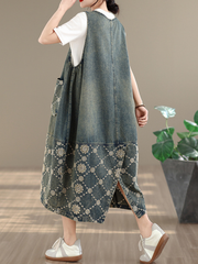 Artisanal Patchwork Denim Dress in Cotton Pinafore Silhouette, Relaxed Midi