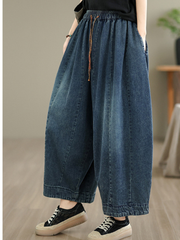 Vintage Denim Cotton Balloon Culotte Pants with Elastic Waist and Pockets