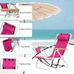 Folding Beach Chair with Backpack Straps – 4-Position Recline, Wooden Armrests, Cup Holder & 265 lb Capacity