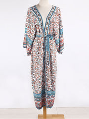 Long Floral Print Blue Color Cotton Long Length Gown Kimono Duster Robe