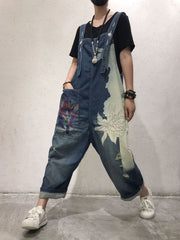 Artistic Floral Denim Dungarees - Distressed Wide-Leg Fit