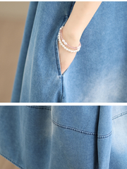 Relaxed V-Neck Denim Dress in Cotton Pinafore Style, Adjustable Midi Silhouette