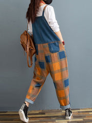 Patchwork Check Denim Dungarees | Rolled-Hem Utility Fit