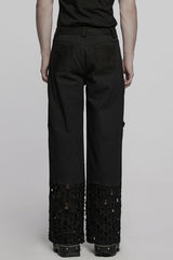Black Eyelet Ripped Men's Punk Straight Pants