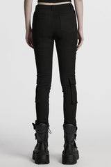 Black Lace-Up Strappy Big-pocket Women's Punk Leggings