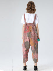Tropical Leaf Cotton Dungarees - Ankle-Length Overalls