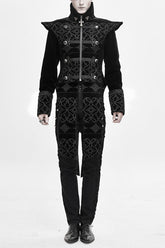 Black High Collar Chinese Palace Floral Pattern Velvet Long Mens Gothic Coat