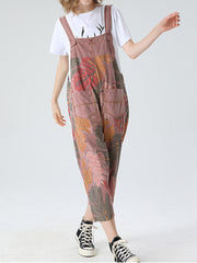 Tropical Leaf Cotton Dungarees - Ankle-Length Overalls