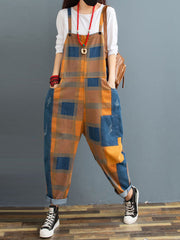 Patchwork Check Denim Dungarees | Rolled-Hem Utility Fit