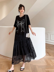 Women's Summer Black Round Neck Short Sleeve A Line Casual Dress