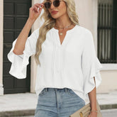 Women's V-Neck Ruffle-Sleeve Loose Casual Shirt – 5 Colors