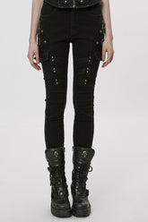 Black Multi-Pocket Buckle Women's Punk Jeans Pants