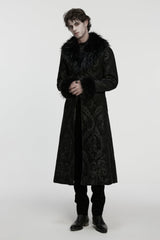 Black Fuax Fur Collar Long Sleeves Jacquard Zipper Men's Gothic Coat