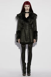 Black Plush Lapel Collar Long Sleeves Buckle Straps Women's Gothic Coat