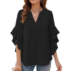 Women's V-Neck Ruffle-Sleeve Loose Casual Shirt – 5 Colors
