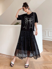 Women's Summer Black Round Neck Short Sleeve A Line Casual Dress