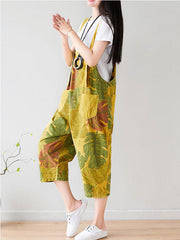 Tropical Leaf Print Cotton Overalls