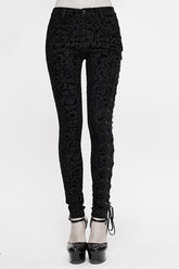 Black Gothic Flocking Patterned Laced Up Asymmetrical Side Womens Pants
