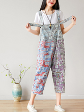 Retro Surf Print Patchwork Dungarees - Cropped Casual Overalls