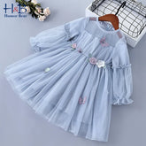 Humor Bear Girls Dress Spring Autumn Long Sleeve Cartoon Printed Princess Sweet Mesh Yarn Children Clothes