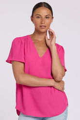 Pleated Flutter Sleeved Blouse - Pink Heart
