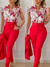 Elegant Women Two Piece Set Suits New Fashion Printed Ruffle Sleeve Top Solid Color Pants Set With Belt Blouses Female Clothing