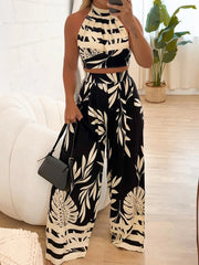 Boho floral print pant sets women fashion high waist pants outfit sexy sleeveless backless crop tops two pieces sets