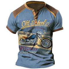 Summer Vintage Henley Shirts Motorcycle 3D Print Men's Casual Streetwear Button-Down Short Sleeve T Shirt Man Tees Tops Clothing
