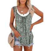 2026 Summer New Arrival Women's Two-Piece Look Sleeveless Tank Top Leaf Print Loose Casual Camisole with Pockets