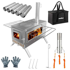 Hot Tent Stove, unho Wood Burning Stove, Portable Wood Stove with 6 Stainless Chimney Pipes for Outdoor Heating & Cooking