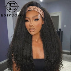 Afro Kinky Straight Headband Wigs For Black Women 22 Inch Natural Black Short Afro Yaki Straight Wigs With Headband Bouncy Curly