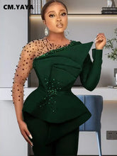 CM.YAYA Vintage Women Beading Mesh Patchwork Ruffles Fan-shaped Blazer Tops and Pants Suit Two 2 Piece Set Outfits Tracksuit