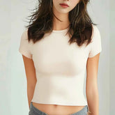 4 pieces Solid color basic short sleeved tight fitting T-shirt for women's casual summer minimalist women's style top O-neck