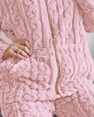 Thickened Warm 2Pcs Pajamas Set Jacquard Textured Stand Collar Zip Up Fuzzy Teddy Top & Pants Set Striped Nightwear Loungewear