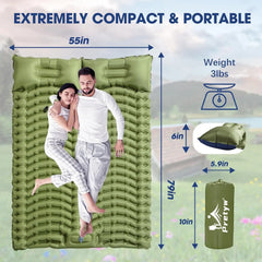 Double Sleeping Pad for Camping - Ultralight Camping Mattress with Pillow, Built-in Foot Pump, Inflatable 2-Person Portable Mat