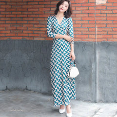 FANIECES Summer Wrap Dresses Women Sexy V Neck Split Maxi Dress Print Female Casual Beachwear Lace Up Party Vestidos Robe платье