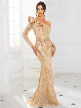 Gold Sequined Ruffle One Shoulder Evening Dress Floor Length Long Sleeve Event Gown