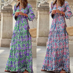 Elegant Women's Flower Long Dresses 2024 Spring New Bohemian Printed Dress Abıye Kadın Abiye Платье Robe Ete Femme Vestidos