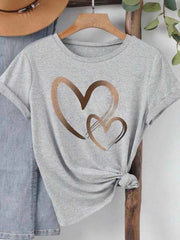 Summer New Fashion Women's Heart Printed T-shirt Trendy Casual Round Neck Top Short Sleeves Women T-shirt Women Clothing