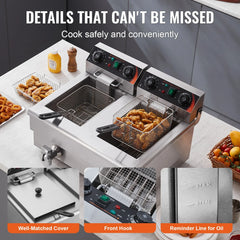 SucceBuy 12L Electric Deep Fryer w/Dual Removable Tanks Commercial Countertop Fryer for Chicken French Fries Frying Chips