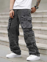 Fashionable men's denim trousers, washed workwear trousers, multi-pocket function for outdoor wear.