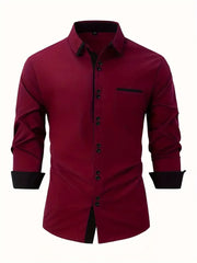 Men's Shirt Business Casual Comfortable Cotton Lapel Color Matching Pocket Holiday Long Sleeve Top
