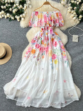 Summer French Floral Chiffon Dress Women Off Shoulder Slim High Quality Sheer Elastic Spring Vacation Print Ruffles Long Dresses