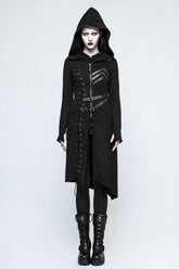 Black Long Sleeves Hooded Asymmetric Women's Gothic Military Coat With Belt