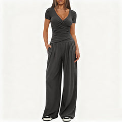 2 Pieces Women's V Neck Short-sleeve Sportswear Top And Wide-leg Pants Set Casual Comfortable Outfit Set For Daily Wear Gym Sports Outfit