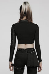 Black Gothic Super Cool Slim Fit Strap Sexy Cropped Pullover Long Sleeve Women's Polo Tee