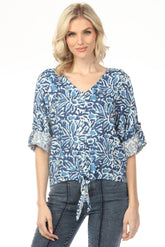 Charlie B Reef Printed 3/4 Roll-Up Sleeve Front Tie Top C4603P-787A