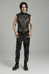 Black Multi-buckles Hollow Mesh Faux Leather Men's Punk Vest